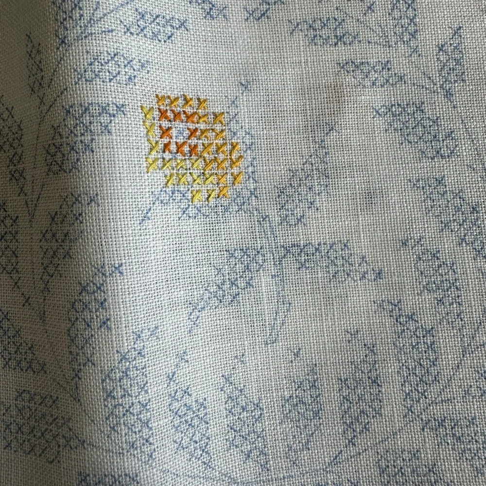 Vtg Bucilla Riviera Rose Stamped Cross Stitch Tablecloth 60x80 w/3 Napkins READ